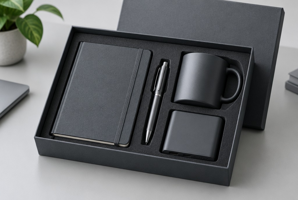Charcoal gift box with a foam insert holding a notebook, pen and mug