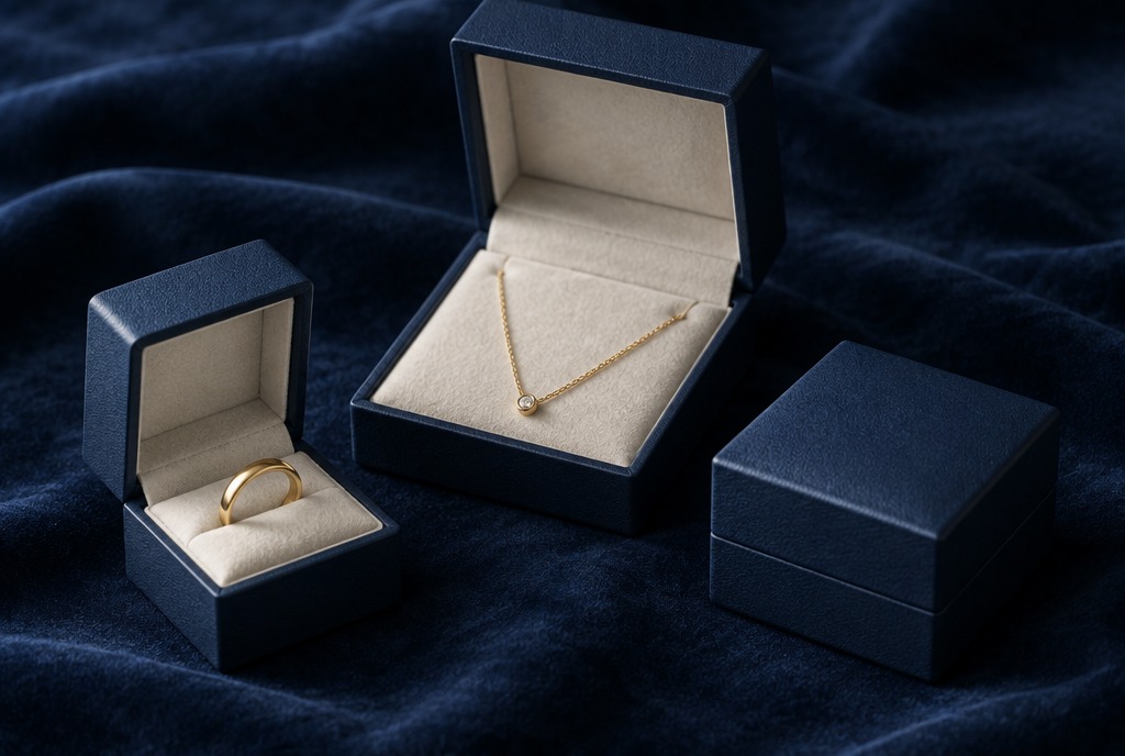 Navy jewellery boxes with cream velvet interiors