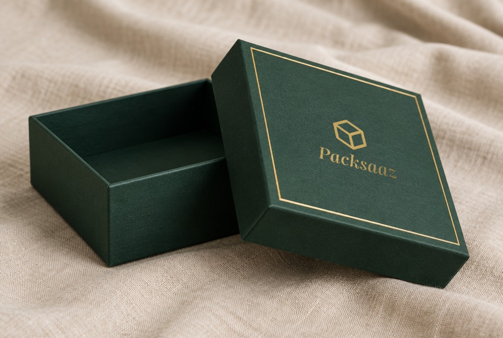 Deep green two-piece box with a gold border on the lid