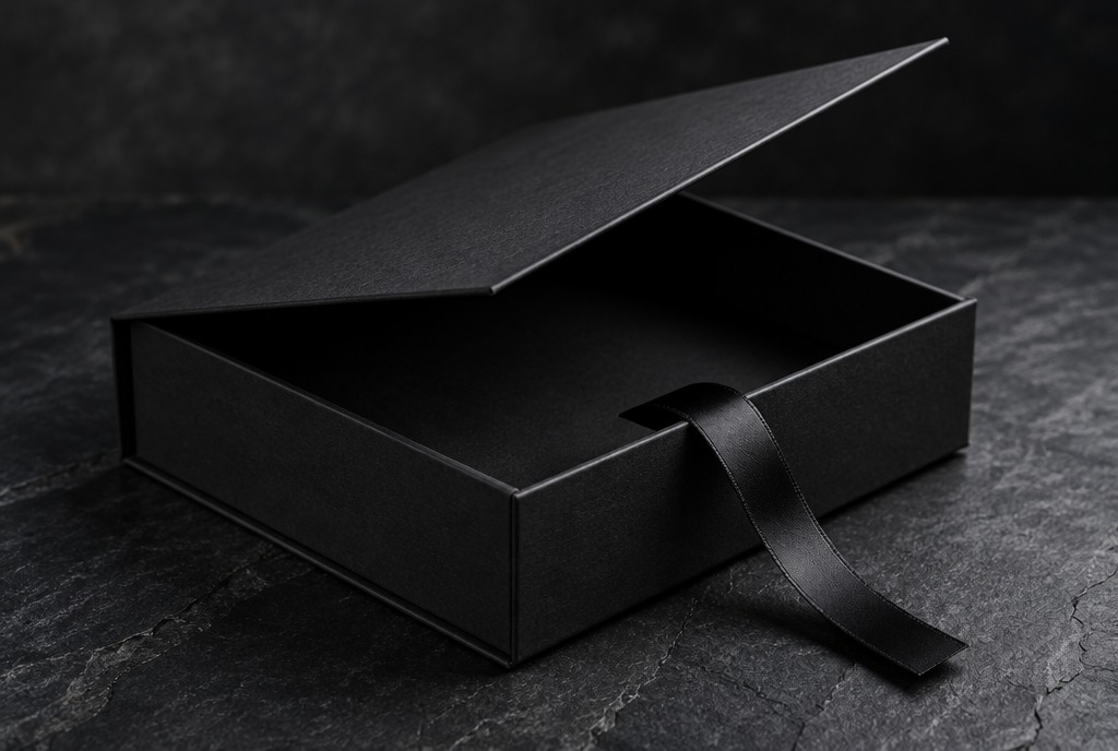 Matte black magnetic closure box, half open
