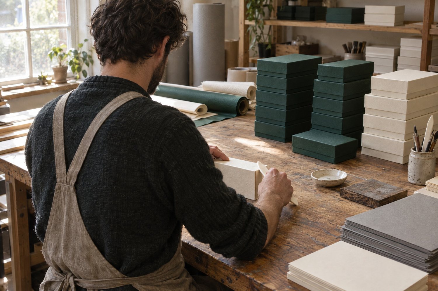 A craftsman finishing an ivory box at a workbench beside stacks of finished boxes